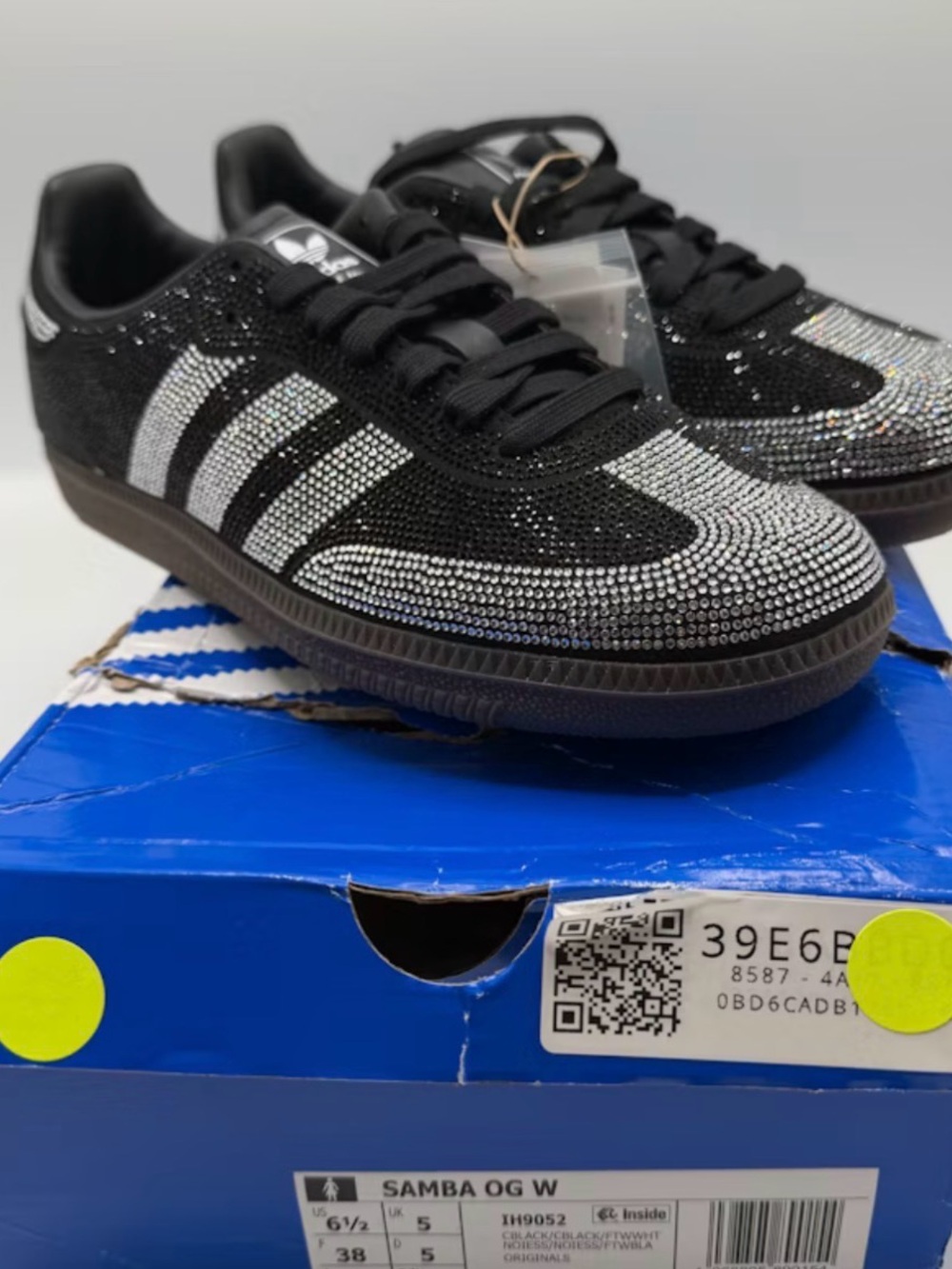 NEW Grain Leather Adidas Samba OG Sneakers in Black with Silver Rhinestones.